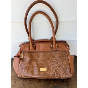 Michael Kors Tan Croc-Embossed Leather Satchel Purse With Gold Accents & Multipl